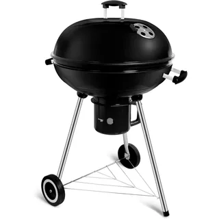 SunJas Holzkohle-Kugelgrill mit Deckel, Rundgrill Durchmesser 57 cm, Holzkohlegrillwagen mit Rädern, BBQ Grill schwarze Emaille