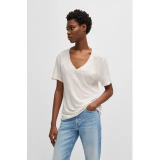 T-Shirt BOSS ORANGE "Ela Premium Damenmode", Damen, Gr. L, open weiß 118, Single Jersey, Obermaterial: 100% Leinen, unifarben, normal, V-Ausschnitt, Shirts T-Shirt, aus Leinen, V-Ausschnitt