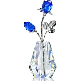 H&D Zwei kristallblaue Rosen,Kristall Rosen Figuren mit silberner Stange,Für Immer Kristallrose Briefbeschwerer,Romantisches Geschenk für Sie/Frau/Mutter/Frauen,Valentinstagsgeschenke für Sie
