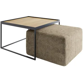 Novel Couchtischset , Braun, Eichefarben , Holz, Textil , 2-teilig , Eiche , massiv , quadratisch , eckig , 80x49x80 cm , Holzmöbel, Holztische, Wohnzimmertische Holz, Couchtische Holz