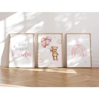 MeinBaby123® Bilder Kinderzimmer | 3er Set DIN A4 Poster Set | Wandbilder mit Spruch | Regenbogen | Deko Kinderzimmer Mädchen Junge | Babyzimmer Deko (Bär & Regenbogen rosa)