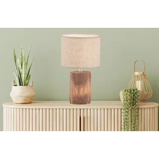 LED Tischlampe 43cm groß mit Lampenschirm Leinen Beige & Betonfuß Holzoptik