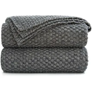 Longhui bedding Graue gestrickte Überwurfdecke für Couch, weich, gemütlich, maschinenwaschbar, 100% Baumwolle, Sofa-Strickdecken, Grau und Weiß, Wäschesack im Lieferumfang enthalten