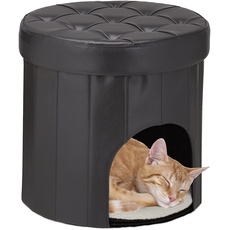 Relaxdays Katzenhocker, 2in1 Sitzhocker & Haustierhöhle, HxD: 38x38 cm, für Katzen & kleine Hunde, mit Kissen, anthrazit