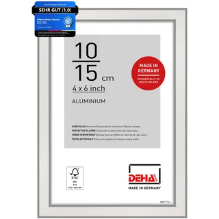 DEHA Design Bilderrahmen, 10 x 15 cm, Aluminium, Silber glanz, Fotorahmen zum Auftstellen im Hoch- & Querformat, bruchsicheres Kunstglas, Boston