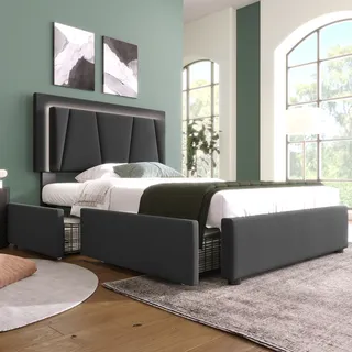 Flieks Polsterbett 90x200cm mit Lattenrost, Stauraumbett mit 2 Schubladen, Einzelbett Jugendbett mit Verstellbarem Kopfteil, Holzbett Leinen, Grau - Grau