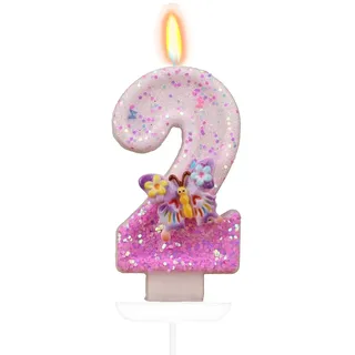 Tourima Kerze 2 Jahr Mädchen & Junge – Glitzer Zahlenkerze Schmetterling, Tortendeko Kinder, Kuchendeko Geburtstag, Geburtstagskerze 2, Geburtsagskerzen Kinder, Deko 2. Geburtstag Junge & Mädchen