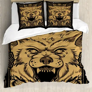 ABAKUHAUS Wolf Bettbezug, Karte Stil Wütend Animal, Milbensicher Allergiker geeignet mit Kissenbezügen, 155 cm x 220 cm - 80 x 80 cm, Schwarz Pale Caramel - Schwarz