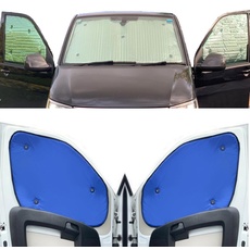 Thermo-Jalousien Kombatibel Mit Ford Tourneo Custom (2012-Date)(Komplettset LWB + Heckklappe) Hintergrundfarbe in Blau, Reversibel und Thermisch