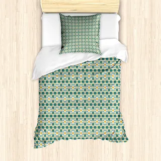 ABAKUHAUS Teal Mantele, Marokkanische Stern-Verzierung, Milbensicher Allergiker geeignet mit Kissenbezügen, 135 cm x 200 cm - 80 x 80 cm, Teal Marigold - Gold