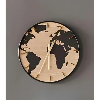 XXL Wanduhr "Welt" Ø 57 cm, moderne Wohnzimmeruhr in Holz Optik, Küchenuhr, Uhr zum Aufhängen