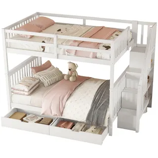 Redom Etagenbett 140/200 cm aus Kiefern mit Treppenregal, 2 Schubladen und hohem Fallschutz, Weiß , Holzwerkstoff , 140x200 cm , Babymöbel & Kindermöbel, Kinderzimmer & Jugendzimmer, Stockbetten