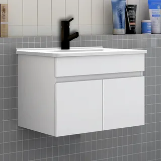 Badezimmer Badmöbel 60 cm Dünn Keramik Waschtisch mit Unterschrank Hängeschrank Badezimmerschränke Badschrank mit 2 Türen Weiß Matt - Weiß