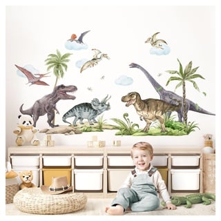 Little Deco Wandtattoo Dinosaurier Set Wandsticker Tiere Kinderzimmer Jungen Wandaufkleber für Babyzimmer Dino Palmen Wanddeko Sticker DL5014-03