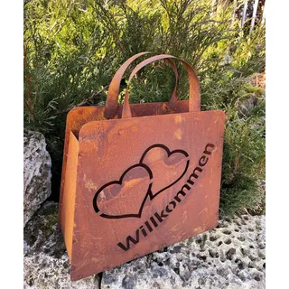 steinfigurenwelt gieben Große Handtasche 32x37cm Tasche zum Bepflanzen Willkommen mit Doppelherz Rost Pflanztasche Blumentopf Windlicht Edelrost Gartendeko