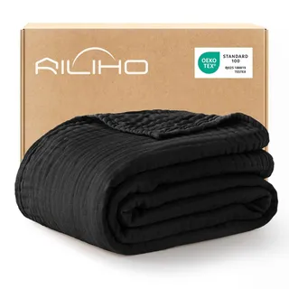 RILIHO musselindecke Adult 152 x 203, 100% Baumwolle, Sommer Decke, atmungsaktive Gaze-Decke alle Jahreszeiten, weich und leicht, Wohndecke Couch Decken, bettdecke, Schwarz