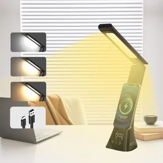 AMFUN Schreibtischlampe LED Dimmable, Schreibtischlampe LED, Tischlampe Augenschutz, Nachttischlampe mit USB-Ladeanschluss, Uhr, Touch-Steuerung, 3 Farb, Nachtlicht für Leser Büro