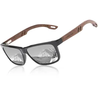 KINGSEVEN Design Holz Polarisierte Rechteckige Sonnenbrille für Herren, Walnuss-Holzrahmen Verspiegelte Brille zum Fahren W5508 (Silber)