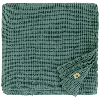 Linen & Cotton Plaid Decke Sommer Tagesdecke Waffelpique Enzo - 48% Leinen, 52% Baumwolle, Smaragd Grün (210 x 250 cm) Blanket Überwurf Bett Doppelbett Überwurfdecke Bettüberwurf Bettbezug Bettwäsche