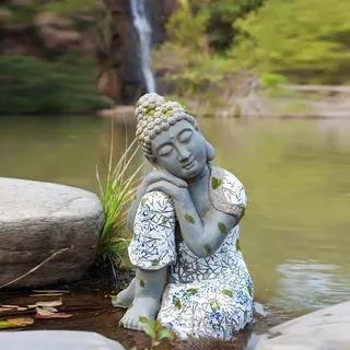 Pevfeciy Buddha Figur groß Garten Deko Figuren Zen Gartendeko Feng Shui Figuren, H-46 cm/4 kg,Robust Buddha Statue aus Steinguss frostfest wetterfest Steinfiguren,Grau