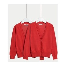 Girls M&S Collection 2pk Girls' Pure Cotton School Cardigan (3-18 Yrs) - Red, Red - 6-7 Y