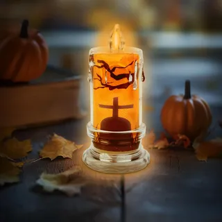 Halloween-LED-Kerze – Grabstein-Design – orangefarbene LED – 3 x LR1130 Batterien – 5 x 5 x 10 cm