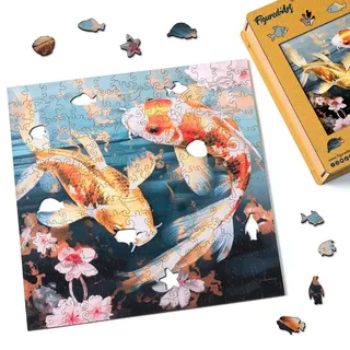 Figured'Art Holzpuzzle Erwachsene und Kinder 200 Teile Tiere - Koi-Fische und Blumen - Originelles Design 28,5x28,5 cm Einzigartige Form mit Premium-Holzkiste
