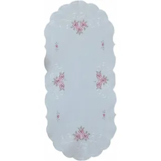 Tischdecke Tischtuch Stickerei Rosen Blüten Frühling Tischläufer Bogenrand 40 x 90 cm oval - Weiß