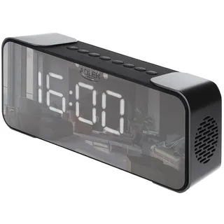 ADLER EUROPE AD 1190 Kabelloser Radiowecker - FM, 3 Weckermodi, LED-Display, Bluetooth 5.0, AUX/SD, 1800 mAh Akku, Spiegeloberfläche, 24/12-Stunden-Uhr, Silber/Schwarz