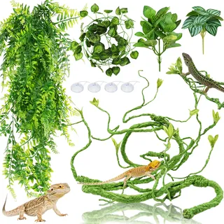 QUOZUO Künstliche Pflanzen Reptilien Terrarium Zubehör, Hängepflanzen, Kletterreben, Blätter, Chamäleon Terrarium Deko für Eidechsen, Schlangen