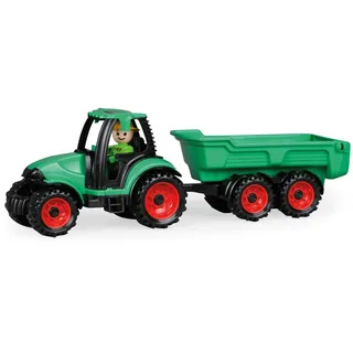 Lena Truckies Traktor mit Anhänger 38 cm, grün, Robustes Sandkasten Spielzeug mit abnehmbaren Anhänger, klappbare, Fahrerhaus, Kippmulde & Spielfigur, für Kinder ab 2 Jahren,