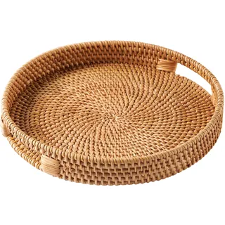Rattan Serviertablett 30 cm / 11,8" • Rundes Rattantablett mit Griffen für Zuhause von Jungle Culture® • Dekotablett für Couchtisch • Korbtablett für Brot, Obst, Kerzen & Deko • Natur Honigfarben