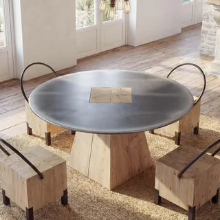 Esstisch HWC-L76, Tisch Esszimmertisch, rund Industrial Massiv-Holz MVG- 74x120cm, natur mit Metall-Optik - Grau