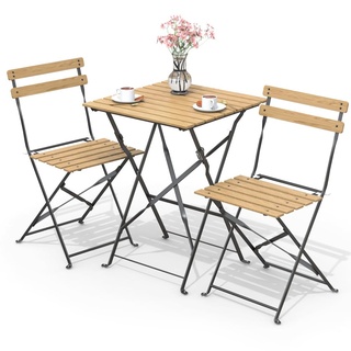 VOUNOT Bistroset 3-teilig, Klappbar Bistrotisch mit 2 Stühlen, Gartenmöbel Set Balkonset Gartengarnitur, Sitzgruppe Metall, Bistro Set Outdoor, Holz