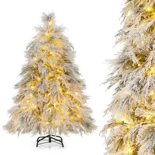 Costway Künstlicher Weihnachtsbaum mit Schnee und Beleuchtung, 136 cm Tannenbaum mit Warmweißen LED-Lichtern, & 279 Zweigspitzen, Christbaum, Kunstbaum Weihnachten, weiß-grün