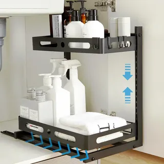 YunNasi Ausziehbares küchenschrank Organizer 2 Etagen Spülschrank Organizer mit 5 Haken für Kitchen Bad Unter Waschbecken Regal Küchenregal Metal Gewürzregal Stehend Höhenverstellbar (Schwarz)