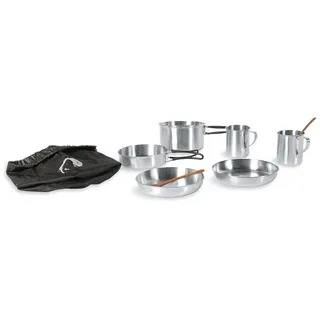 Tatonka Camping-Kochgeschirr Picnic Set (8-teilig) - Edelstahl-Geschirr fürs Picknick zu zweit - Mit Topf, Pfanne, 2X Teller, 2X Tasse mit Henkel und 2X Löffel aus Kokosholz - Schadstofffrei, Silber