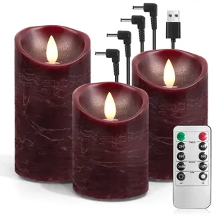 AnnSpa 3 Set Led Kerzen Aufladbar mit Fernbedienung, Wiederaufladbare Kerzen Flammenlose Echtes Wachs Flackern Moving Wick Yellow Light Pillar Candles mit Timerfunction für Geschenke - Rot