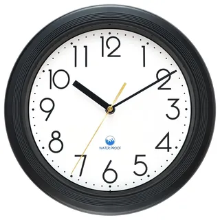 KIZLOC 28 cm Outdoor Uhr Garten Wasserfest, Gartenuhr Außen Wetterfest, Leicht Ablesbare Lautlose Batteriebetriebene Runde Wanduhr für Draußen Pool Balkon Badezimmer (Schwarz)