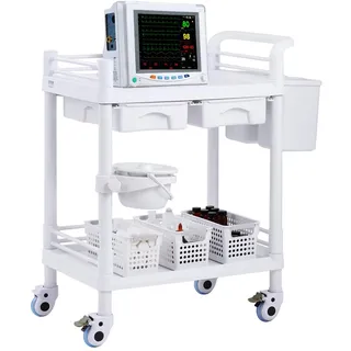 Vevor Laborwagen mit 2 Ablagen, 2 Schubladen und 4 Rädern, Rollbarer Laborwagen PP-Material, 50 kg belastbarer Servierwagen mit 3 Mülleimern für Labor, Klinik, Krankenhaus, Salon, weiß