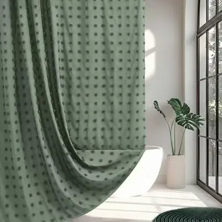 Siiluminisoy Extra Langer grüner Boho-Duschvorhang, gewebter Stoff, niedlicher Duschvorhang, 72 x 78 cm, getuftete Falten, Blumenmuster, Puffs, strukturiert, modern, Bauernhaus, minimalistisch,