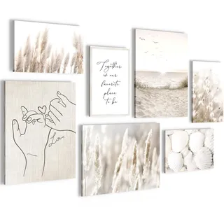 Novart Wandbilder Boho Strand - KOMPLETT AUFHÄNGFERTIG - Beige Wohnzimmer Schlafzimmer - 7 Moderne Mood-Bilder - N023371a