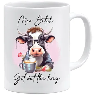 Moo Bitch Get Out the Hay Tasse | Lustige Kuh Kaffeetasse mit frechem Spruch | Geschenk für Freundinnen, Kollegen & Tierliebhaber