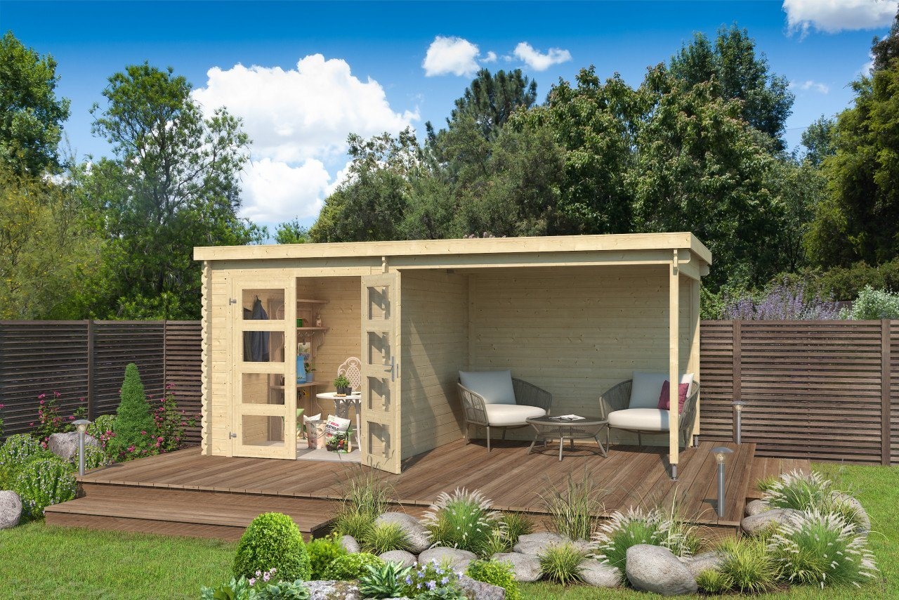 Bild von Gartenhaus »Long Beach, Naturbelassen«, (Set), mit Anbau, beige