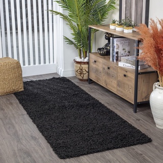 Surya Home Shaggy Berber Teppich Läufer - Flauschiger Teppich für Wohnzimmer, Schlafzimmer, Berber Langflor Hochflor Teppich Weiss flauschig - Teppich Läufer 80x220 cm Läufer Flur in Schwarz