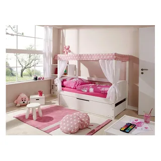 Himmelbett Lino Mini Kiefer weiß inkl. 4 Schubkästen stern-rosa