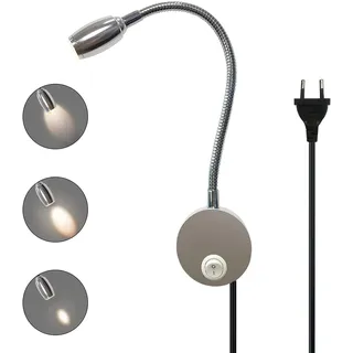 Leselampe Bett Wandmontage Einstellbarer Fokus Flexible Schwanenhals Wandleuchte LED Wand Leseleuchte mit Stecker und Schalter, 3W Bettleuchte aus Aluminium für Schlafzimmer, Bett, 3000K (Silber-)