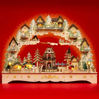 SIKORA LB07 beleuchteter LED XXL Holz Schwibbogen WEIHNACHTSDORF mit drehender XL Pyramide inklusive Trafo