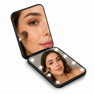 JADUFHU Vergrößerungsspiegel, doppelseitig, 1 x 2 x, Lupe mit Licht, weiches Licht, Ultra-flach, magnetisch, tragbar, mit Akku, HD-Glas, ABS, Schwarz, Büro, Reise, Wohnzimmer