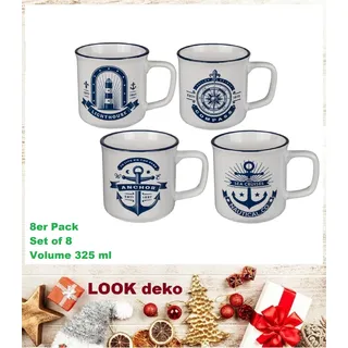 4-KAFFEEPOTT-TASSEN-MARITIM-TEATIME-ANKER-KOMPAß-LEUCHTTURM-STEINGUT 9x8cm 325ml
